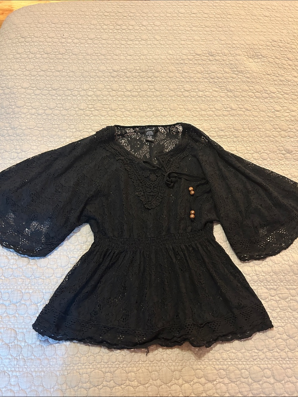 Black Lace Peasant Blouse with Wooden Bead Detail